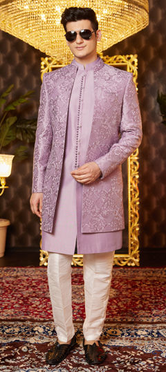 Purple and Violet color IndoWestern Dress in Art Silk fabric with Embroidered work
