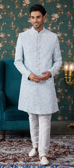 Blue color Sherwani in Art Silk fabric with Bugle Beads, Cut Dana, Sequence, Stone work