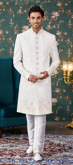 Beige and Brown color Sherwani in Art Silk fabric with Bugle Beads, Cut Dana, Sequence, Stone work