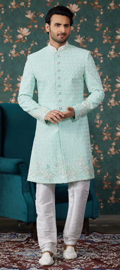 Green color Sherwani in Art Silk fabric with Bugle Beads, Cut Dana, Sequence, Stone work