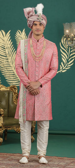 Pink and Majenta color Sherwani in Banarasi Silk, Jacquard fabric with Bugle Beads, Sequence, Stone, Weaving work