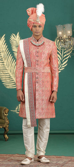 Red and Maroon color Sherwani in Banarasi Silk, Jacquard fabric with Bugle Beads, Sequence, Stone, Weaving work