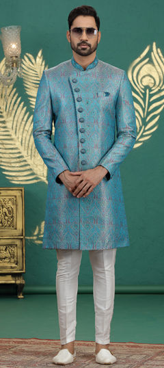 Blue color Sherwani in Banarasi Silk, Jacquard fabric with Bugle Beads, Sequence, Stone, Weaving work