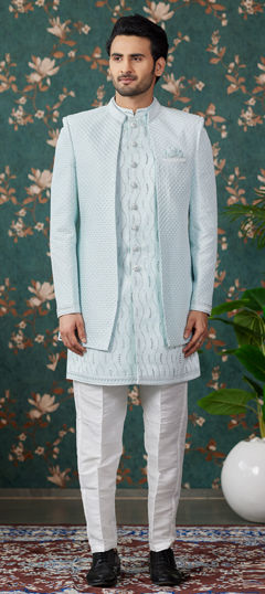 Green color IndoWestern Dress in Art Silk fabric with Bugle Beads, Cut Dana, Sequence, Stone work