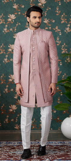 Pink and Majenta color IndoWestern Dress in Art Silk fabric with Bugle Beads, Cut Dana, Sequence, Stone work