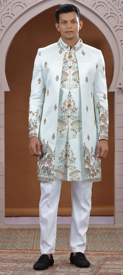 Green color IndoWestern Dress in Art Silk fabric with Embroidered, Stone, Thread work