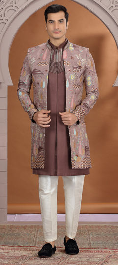Beige and Brown color IndoWestern Dress in Art Silk fabric with Embroidered, Stone, Thread work