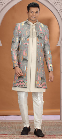 Green color IndoWestern Dress in Art Silk fabric with Embroidered, Stone, Thread work