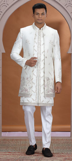 White and Off White color IndoWestern Dress in Art Silk fabric with Embroidered, Stone, Thread work
