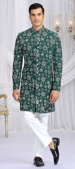 Green color Sherwani in Art Silk fabric with Bugle Beads, Embroidered, Sequence work