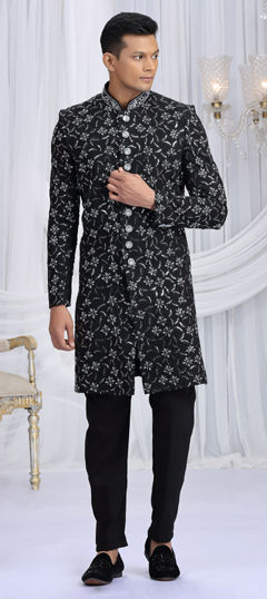 Black and Grey color Sherwani in Art Silk fabric with Bugle Beads, Embroidered, Sequence work