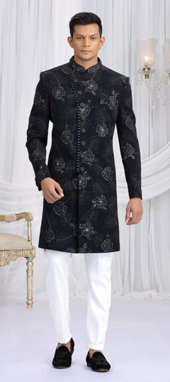 Blue color Sherwani in Art Silk fabric with Bugle Beads, Embroidered, Sequence work