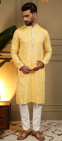 Yellow color Kurta Pyjamas in Cotton Flex fabric with Embroidered work