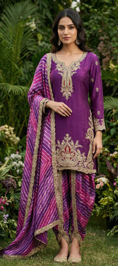 Purple and Violet color Salwar Kameez in Chinon Silk fabric with Digital Print, Embroidered, Lehariya work