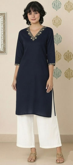 Blue color Salwar Kameez in Rayon fabric with Embroidered work