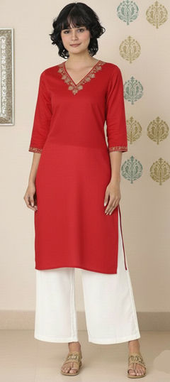 Red and Maroon color Salwar Kameez in Rayon fabric with Embroidered work