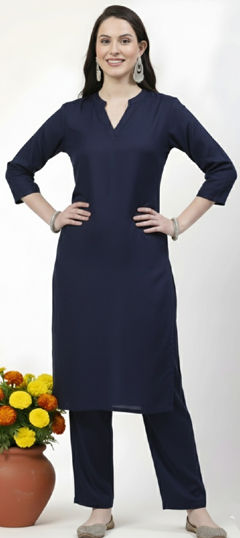 Blue color Salwar Kameez in Rayon fabric with Thread work