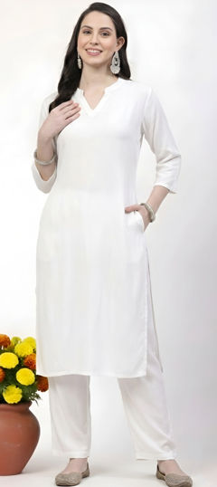 White and Off White color Salwar Kameez in Rayon fabric with Thread work