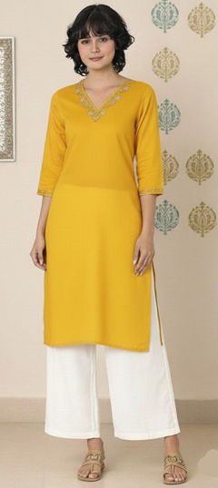 Yellow color Salwar Kameez in Rayon fabric with Embroidered work