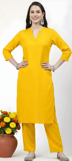 Yellow color Salwar Kameez in Rayon fabric with Thread work