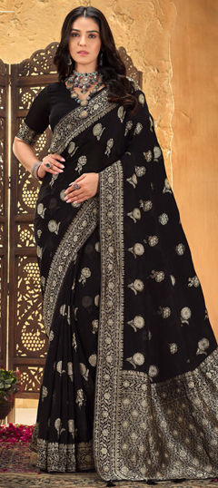 Black and Grey color Saree in Silk fabric with Weaving work