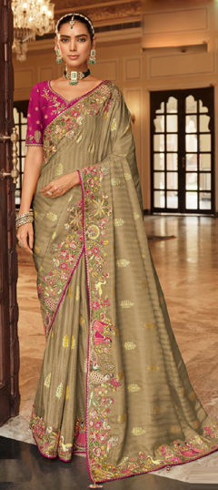 Beige and Brown color Saree in Silk fabric with Embroidered, Resham, Sequence, Thread work