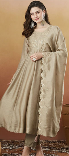 Beige and Brown color Salwar Kameez in Art Silk fabric with Embroidered, Sequence work
