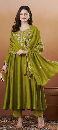 Green color Salwar Kameez in Art Silk fabric with Embroidered, Sequence work