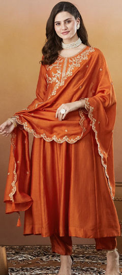 Orange color Salwar Kameez in Art Silk fabric with Embroidered, Sequence work