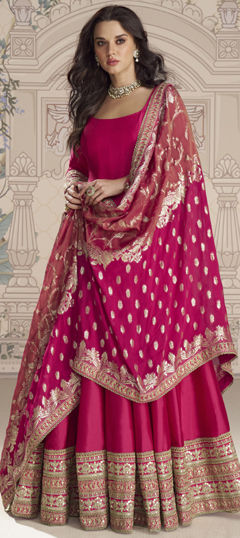 Pink and Majenta color Gown in Silk fabric with Embroidered, Sequence, Thread, Zari work