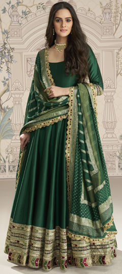 Green color Gown in Silk fabric with Embroidered, Sequence, Thread, Zari work