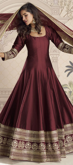 Red and Maroon color Gown in Silk fabric with Embroidered, Sequence, Thread, Zari work