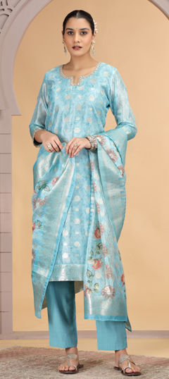 Blue color Salwar Kameez in Jacquard, Organza Silk fabric with Sequence, Weaving, Zari work
