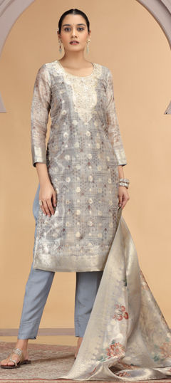 Beige and Brown, Black and Grey color Salwar Kameez in Jacquard, Organza Silk fabric with Sequence, Weaving, Zari work