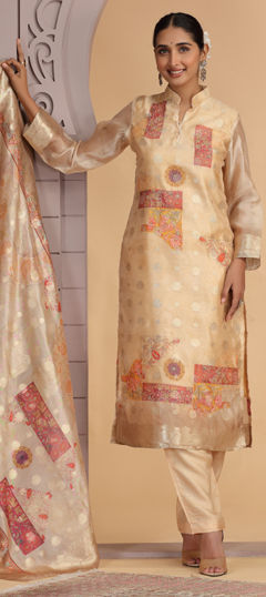 Black and Grey, Gold color Salwar Kameez in Jacquard, Organza Silk fabric with Sequence, Weaving, Zari work