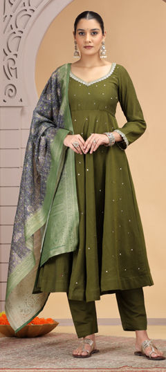 Green color Salwar Kameez in Chiffon fabric with Lace work