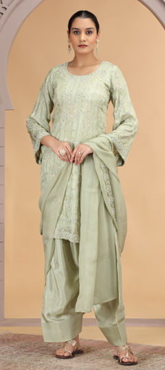 Green color Salwar Kameez in Satin Silk fabric with Bugle Beads, Embroidered, Sequence work