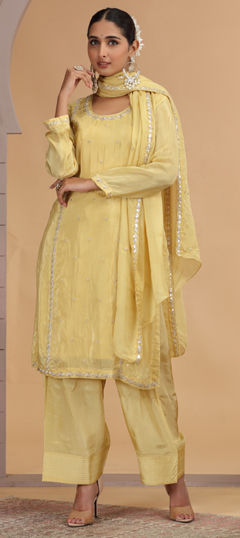 Yellow color Salwar Kameez in Satin Silk fabric with Bugle Beads, Embroidered, Sequence work