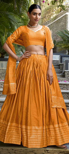 Orange color Lehenga in Chanderi Silk fabric with Weaving, Zari work
