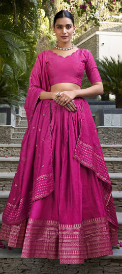 Pink and Majenta color Lehenga in Chanderi Silk fabric with Weaving, Zari work