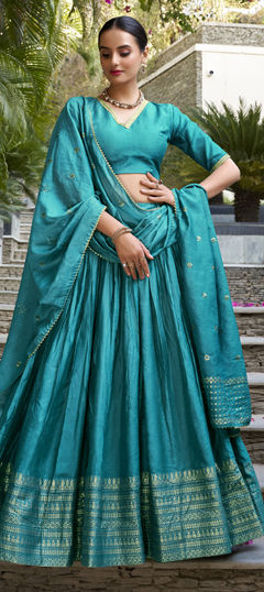 Blue color Lehenga in Chanderi Silk fabric with Weaving, Zari work