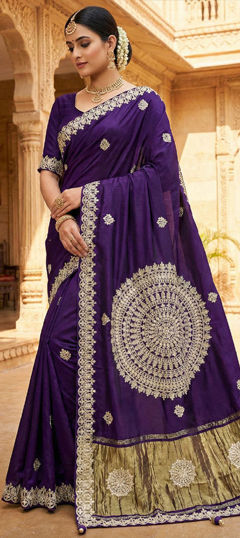 Purple and Violet color Saree in Silk fabric with Embroidered, Thread, Zari work