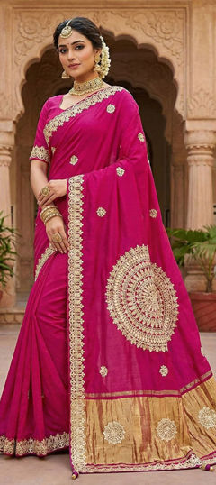 Pink and Majenta color Saree in Silk fabric with Embroidered, Thread, Zari work
