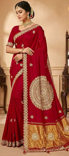 Red and Maroon color Saree in Silk fabric with Embroidered, Thread, Zari work
