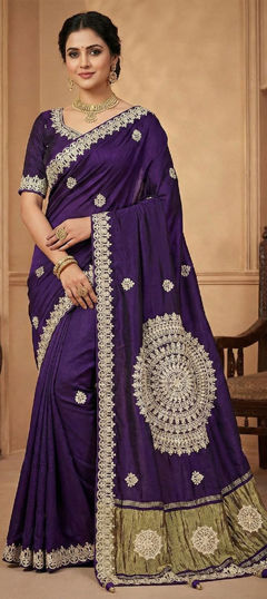Purple and Violet color Saree in Silk fabric with Embroidered, Thread, Zari work