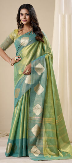 Green color Saree in Tissue fabric with Weaving work