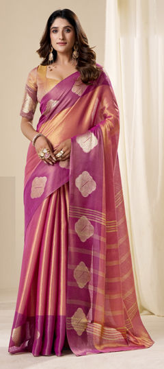 Beige and Brown color Saree in Tissue fabric with Weaving work