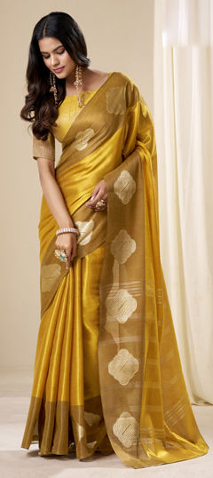 Yellow color Saree in Tissue fabric with Weaving work