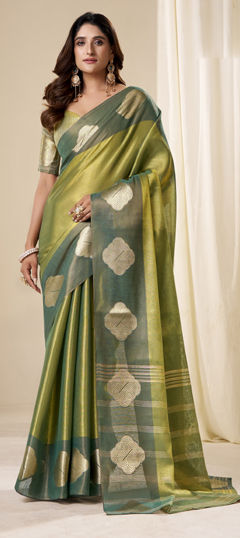 Green color Saree in Tissue fabric with Weaving work