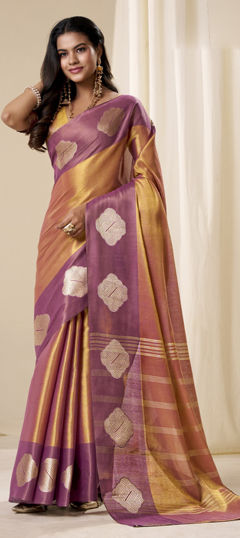 Beige and Brown color Saree in Tissue fabric with Weaving work
